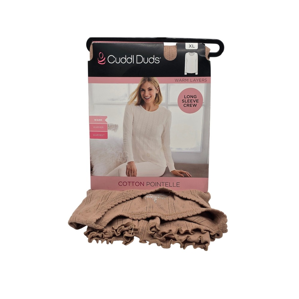 Cuddl Duds Cotton Pointelle Womens XL Taupe Long Sleeve Crew CD8428615